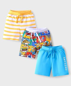 Babyhug Cotton Knit Shorts with Text Print & Stripes Pack of 3 - White Yellow & Light Blue