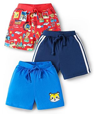 Babyhug Cotton Knit Knee Length Animal Printed Shorts Pack of 3 - Red Medium & Navy Blue