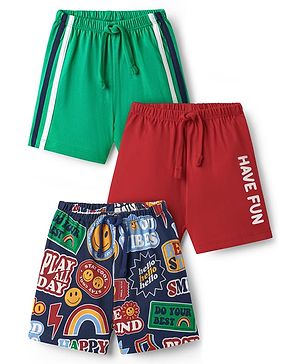 Babyhug Single Jersey Knit Shorts With Text Print Pack Of 3 - Green Blue & Red