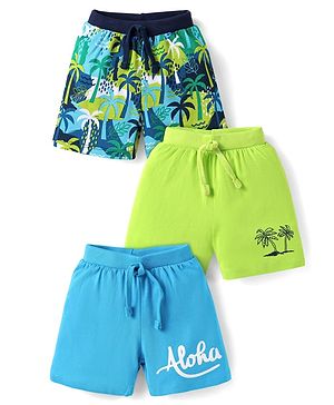 Babyhug Single Jersey Knit Shorts with Beach Theme Print Pack of 3 - Blue & Limegreen