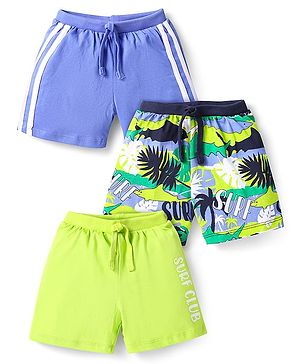 Babyhug Cotton Knit Shorts with Tropical Print Pack of 3 - Limegreen & Purple