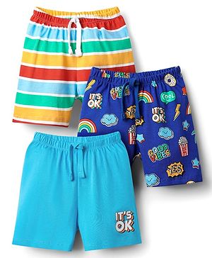 Babyhug Cotton Single Jersey Knit Shorts With Stripes & Rainbow Print Pack Of 3 - Light Blue Navy Blue & Yellow