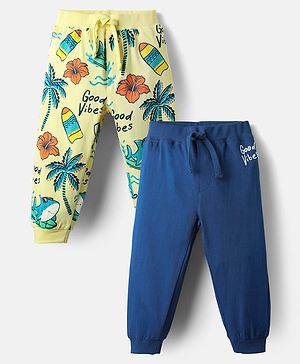 Babyhug Terry Knit Full Length Beach Theme Printed Lounge Pants Pack of 2 - Navy Blue & Yellow