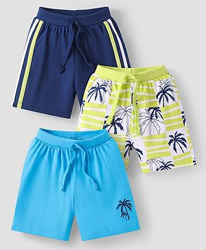 Babyhug Single Jersey Knit Full Length Shorts with Beach Theme Print Pack of 3 - Navy Blue & Light Blue