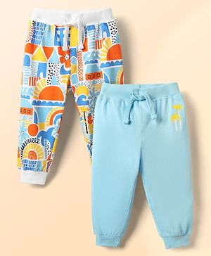 Babyhug Terry Knit Full Length Lounge Pant With Abstract Print Pack Of 2 - Light Blue & Blue