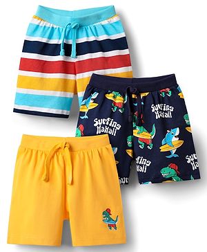 Babyhug Single Jersey Knit Shorts With Stripes & Dino Print Pack Of 3 - Yellow Light Blue & Navy Blue