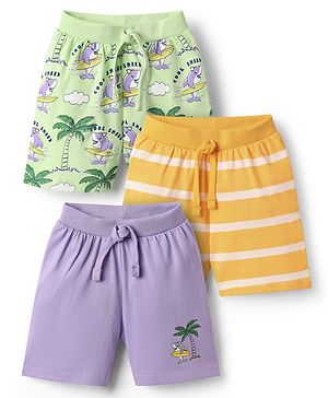 Babyhug Single Jersey Knit Striped & Shark Printed Shorts Pack of 3 - Lilac Yellow & Light Green