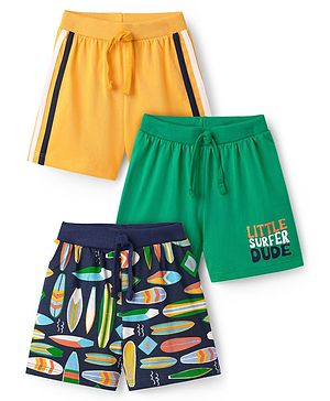 Babyhug Single Jersey Knit Shorts With Abstract Print Pack Of 3 - Yellow Green & Navy Blue