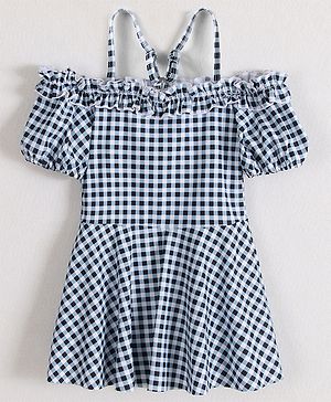 Babyhug Cold Shoulder Sleeves Checks Frock Swimsuit - Black & White