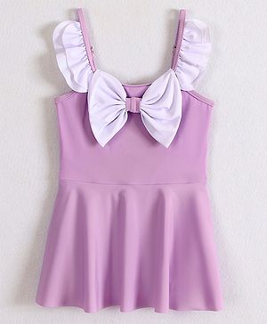Babyhug Frill Sleeves Frock Swimsuit With Bow Applique - Purple