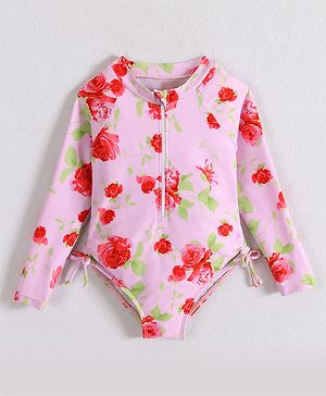 Babyhug Full Sleeves V Cut Swimsuit With Floral Print - Pink