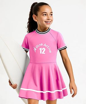 Pine Active Half Sleeves Frock Swimsuit With Logo Print - Pink