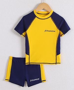Pine Active Half Raglan Sleeves Two Piece Swimsuit With Logo Print - Yellow & Navy Blue