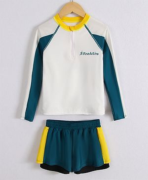 Pine Active Full Raglan Sleeves Two Piece Swimsuit With Logo Print - White & Dark Green