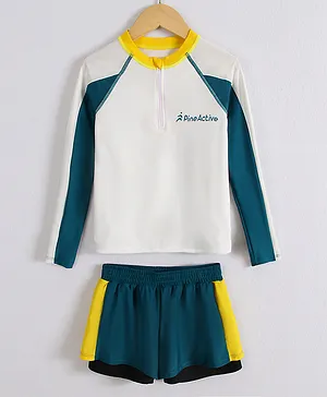 Pine Active Full Raglan Sleeves Two
                              Piece Swimsuit With Logo Print - White
                              & Dark Green