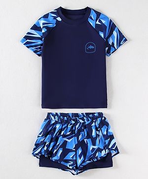 Pine Active Half Sleeves Two Piece Swimsuit With Whale Print - Blue