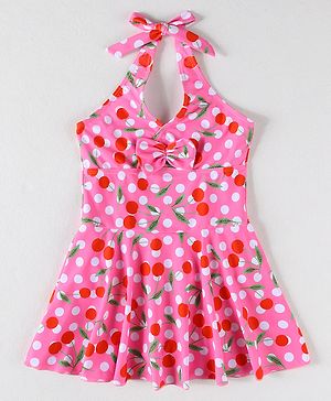 Mark & Mia Sleeveless Frock Swimsuit with Cherry & Polka Dots Print - Pink