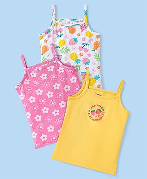 Babyhug Single Jersey Knit Sleeveless Slips With Floral & Tropical Print Pack of 3 - Yellow Pink & White