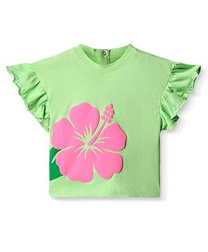 Babyhug Cotton Knit Frill Sleeves T-Shirt With Floral Print - Light Green