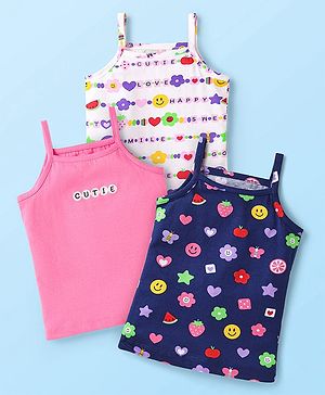 Babyhug 100% Cotton Single Jersey knit Sleeveless Slips With Floral Print Pack Of 3 - Pink Blue & White