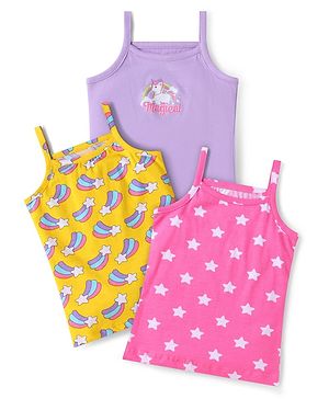Babyhug 100% Cotton Knit Singlet Sleeves Slips with Star & Unicorn Prints Pack of 3- Dark Pink Yellow & Purple