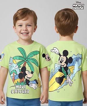 Babyhug Disney Single Jersey Knit Half Drop Shoulder Sleeves T-Shirt with Mickey Mouse Graphics & Patch - Light Green