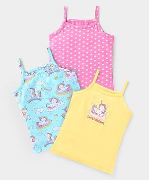 Babyhug 100% Cotton Knit Singlet Sleeves Slips with Unicorn & Hearts Print Pack of 3- Aqua Blue Pink & Yellow