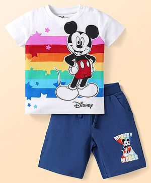Babyhug Disney Single Jersey Knit Half Sleeves Shorts Night Suit with Mickey Mouse Graphics - Blue & White