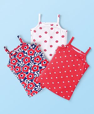 Babyhug 100 % Cotton Knit Sleeveless Slips with Floral & Polka Dots Print Pack of 3 - White Red & Blue