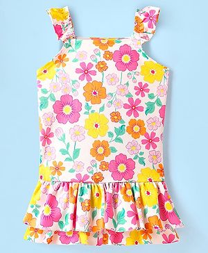 Babyhug Sleeveless Water Repellent Frock Swimsuit With Floral Print - White