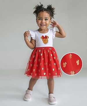 Babyhug Disney Single Jersey Knit Frill Sleeves Dress With Minnie Mouse Graphics - White & Red