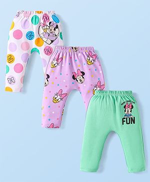 Babyhug Disney Interlock Knit Full Length Diaper Leggings With Minnie & Friends Graphic Set Of 3 -  Pink & White