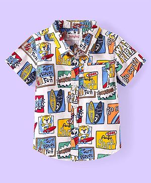 Babyhug Cotton Woven Half Sleeves Shirt with Beach Theme Print - White Blue & Yellow