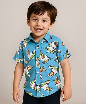 Babyhug Cotton Woven Half Sleeves Shirt with Sea Life Print - Light Blue