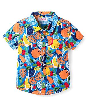 Babyhug Cotton Woven Half Sleeves Shirt With Leaves Print - Blue