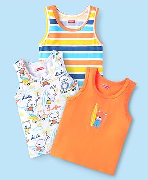 Babyhug 100 % Cotton Knit Sleeveless Striped & Animal Printed Vests Pack of 3 - Coral & White