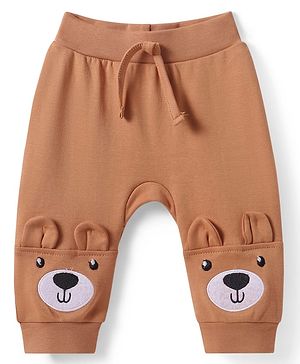 Babyhug Interlock Knit Full Length Diaper Leggings with Bear Applique - Brown