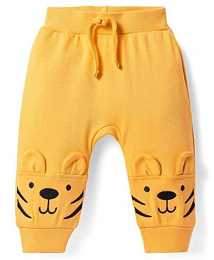 Babyhug Interlock Knit Full Length Diaper Leggings with Bear Applique - Yellow