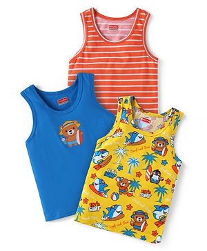 Babyhug 100 % Cotton Knit Sleeveless Sando with Beach Theme Print & Stripes Pack of 3 - Yellow Red & Blue