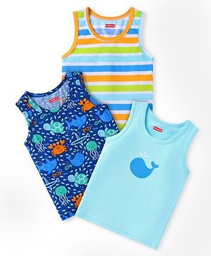 Babyhug 100% Cotton Knit Sleeveless Sando With Stripes & Sea Life Print Pack Of 3 - Blue