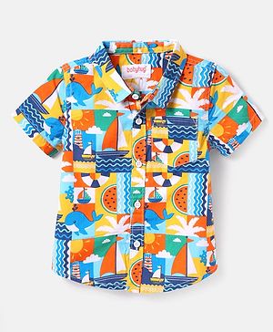 Babyhug Cotton Woven Half Sleeves Shirt With Beach Theme Print - Multicolour