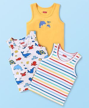 Babyhug 100% Cotton Knit Sleeveless Sea Life Theme Printed Sandos Pack of 3 - Yellow & White
