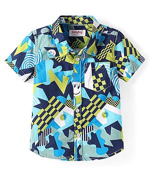 Babyhug Cotton Woven Half Sleeves Shirt with Smiley Print - Blue & Navy Blue