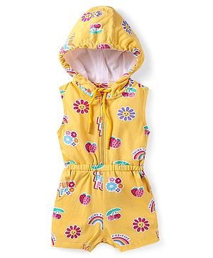 Babyhug Cotton Knit Sleeveless Hooded Jumpsuit with Tropical Theme Print - Yellow