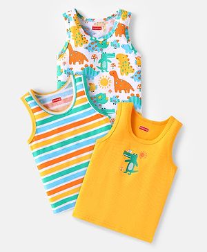 Babyhug 100% Cotton Knit Sleeveless Sando Vests With Dino Print Pack of 3 - Yellow White & Red