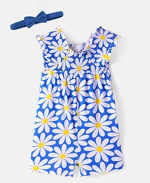 Babyhug 100 % Cotton Sleeveless Knit Romper & Hairband with Floral Print - White & Blue