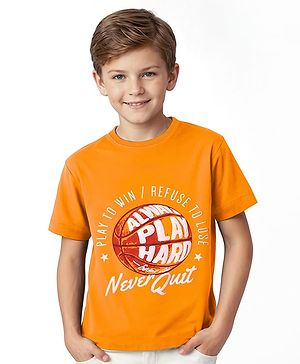 Pine Kids Cotton Knit Half Sleeves T-Shirt with Text Print - Orange