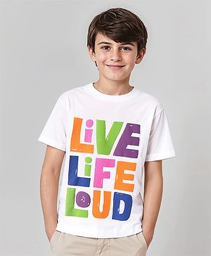 Pine Kids Cotton Knit Half Sleeves T-Shirt with Live Life Loud Text Print - White