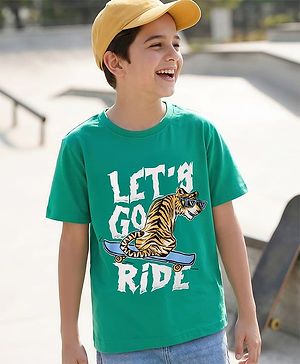 Pine Kids Cotton Knit Half Sleeves T-Shirt With Lets Go Ride Text Print - Mint