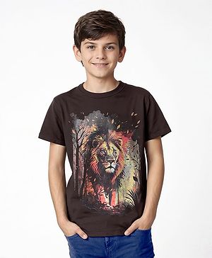 Pine Kids Cotton Knit Half Sleeves T-Shirt With Lion Print - Black